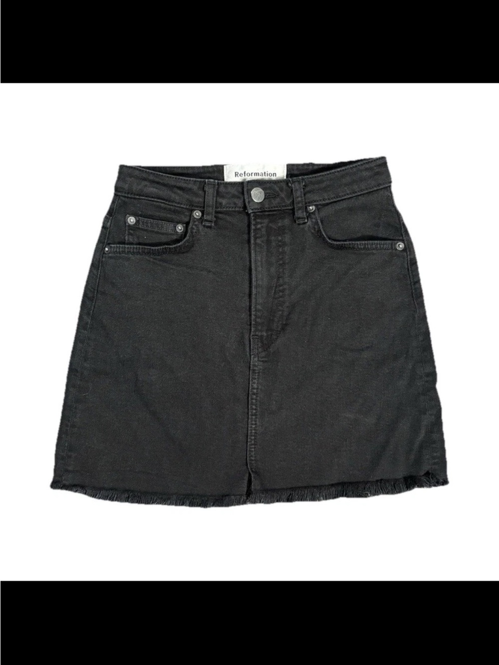 Reformation Black Denim Mini Skirt with Raw Hem